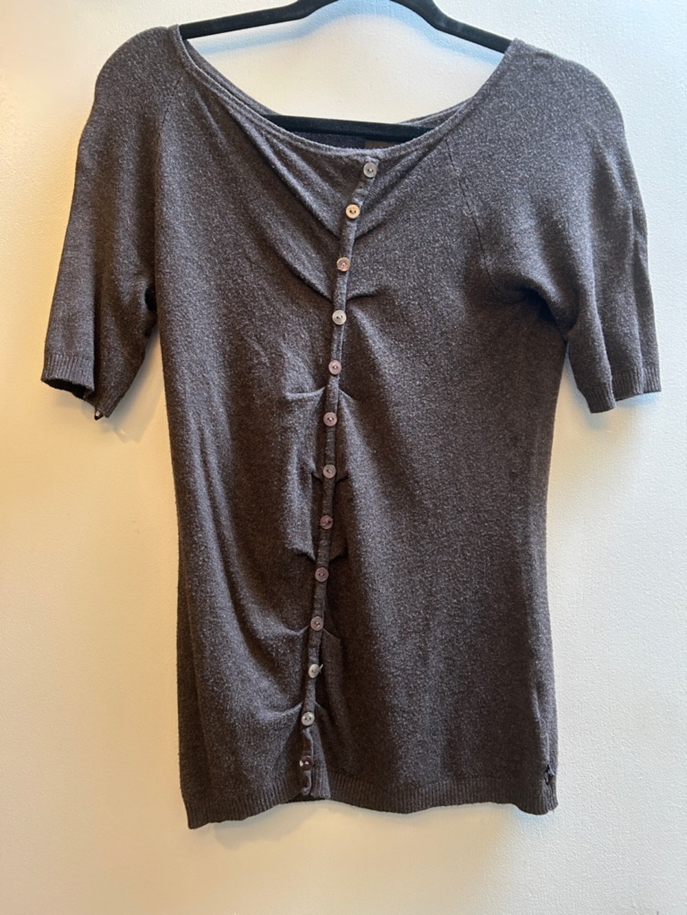 Vintage Y2K Brown Asymmetrical Button-Front Short Sleeve Sweater